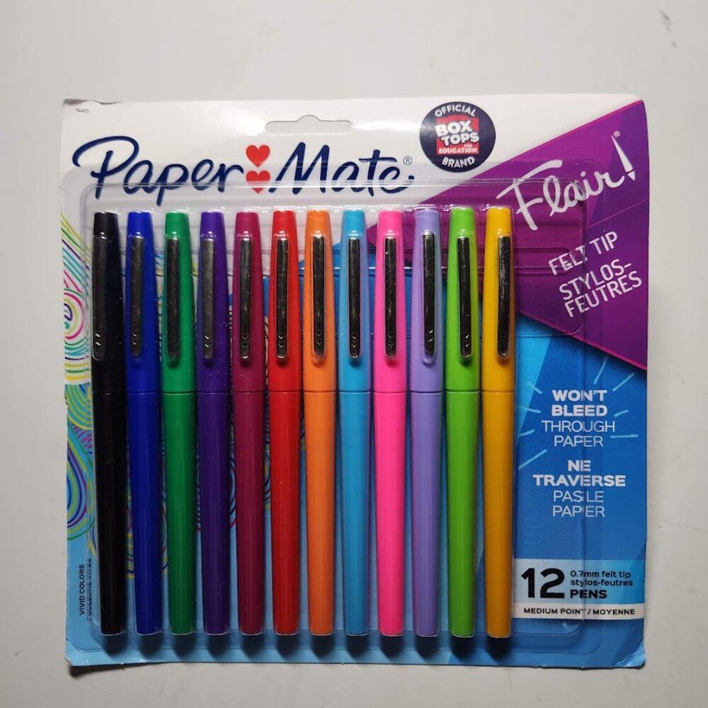 Paper Mate Flair Felt Tip Pens Medium Point (0.7mm) 12 count Markers New Ink col
